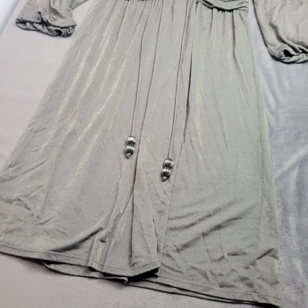 Ella Moss S Gray-Gold Metallic Long-Sleeve Boho Dress With Beaded Tie Accents - Picture 5 of 8